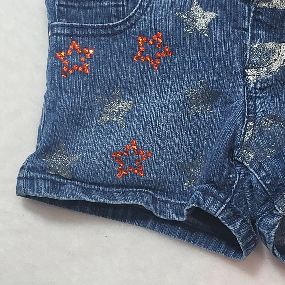 SO Authentic American Heritage Girls Denim Shorts Blue Stars Stripes Glitter 7‎